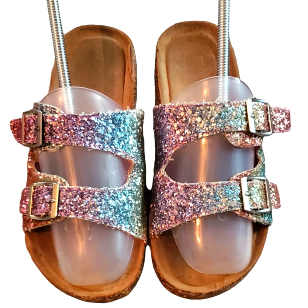 True Craft Youth Girls Rainbow Glitter Slip On Sandals W Adjt‎ Straps Sz 4